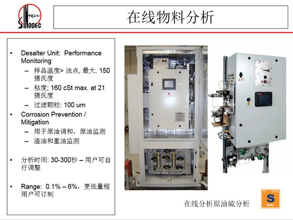在線原油硫分析儀：可用于原油調(diào)和、原油監(jiān)測；渣油和重油監(jiān)測，分  析時間：30-300秒，用戶可自行調(diào)整；Range:0.1%-0.6%