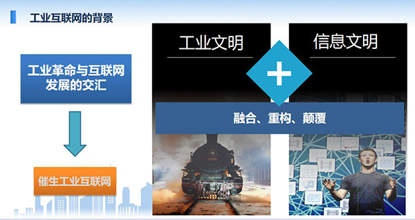 工業(yè)互聯(lián)網(wǎng)的背景:工業(yè)革命與互聯(lián)網(wǎng)發(fā)展的交匯催生出工業(yè)互聯(lián)網(wǎng),工業(yè)文明加信息文明融合、重構(gòu)、顛覆。