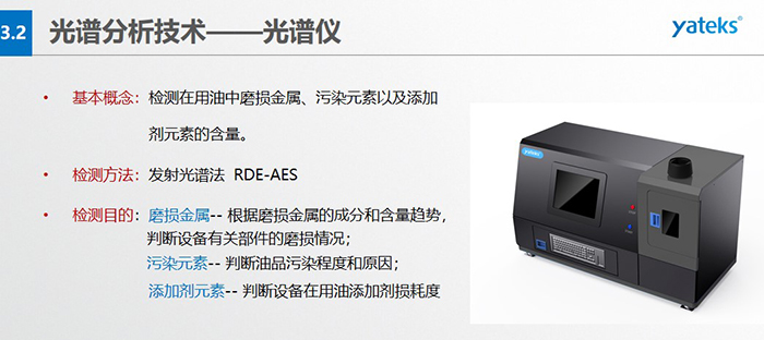 基本概念：檢測在用油中磨損金屬、污染元素以及添加劑元素的含量。檢測方法：發射光譜法  RDE-AES 檢測目的：磨損金屬 -- 根據磨損金屬的成分和含量趨勢， 判斷設備有關部件的磨損情況；  污染元素 -- 判斷油品污染程度和原因； 添加劑元素 -- 判斷設備在用油添加劑損耗度